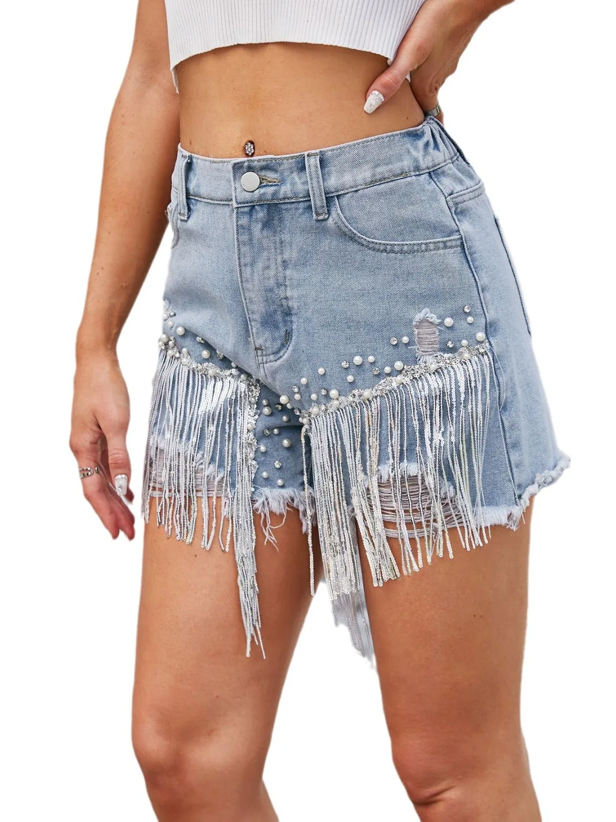 

Summer New Women's High Waist Denim Shorts Fringed Washed Diamond Embellished Street Style Cotton Blue Jeans Shorts