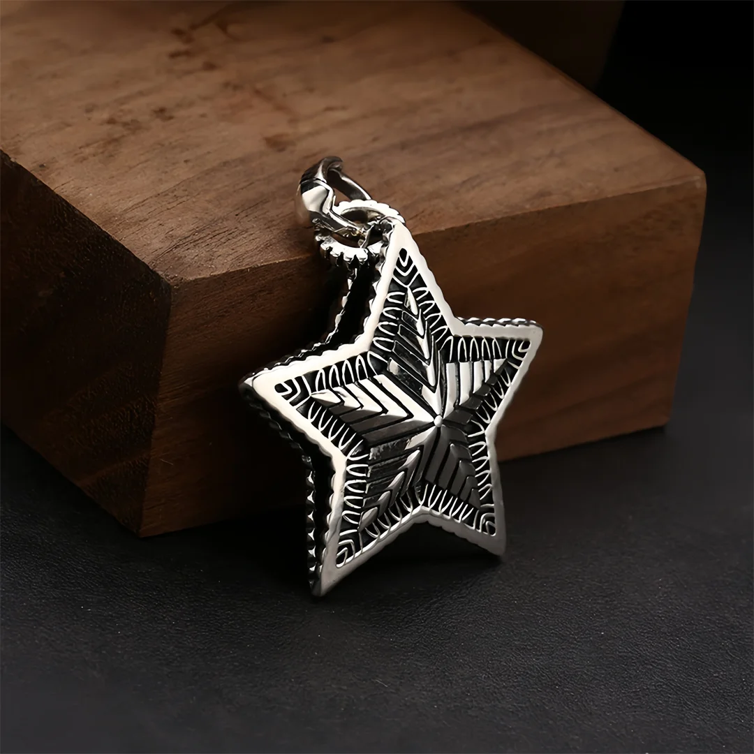BOCAI New S925 Sterling Silver Charms Pendants for Men Women Antique Stripe Pattern Five-pointed Star Charm Fine Choice Jewelry