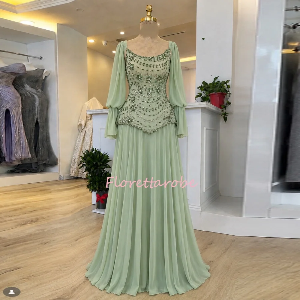 Elegantes Langarm-Spitzen-Meerjungfrauenkleid, Grünes Chiffon-Abendkleid mit Blumenapplikationen, Formelle Partykleider nach Maß