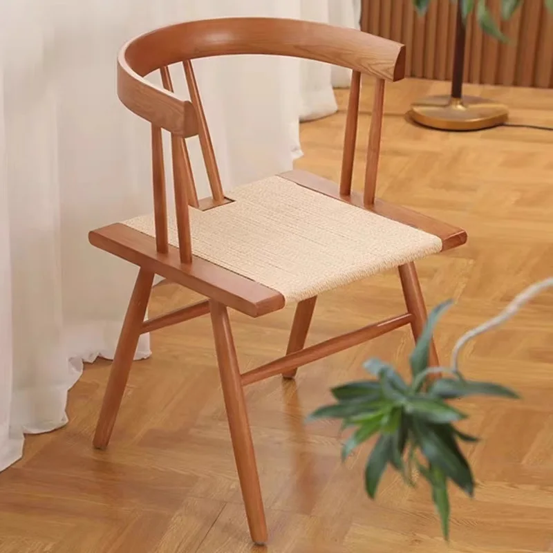 #Chair Solid Wood Rope Long Sitting Back Table Chair Homestay Furniture Rattan Chair Dining