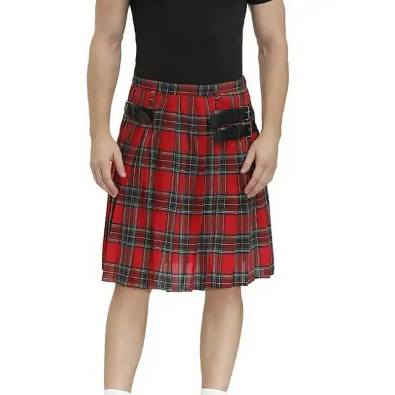 Tartan Kilts for Men Mens Fashion Casual Retro Scottish Style Cosplay Plaid Contrast Waistband Black Leather Kilts Costume