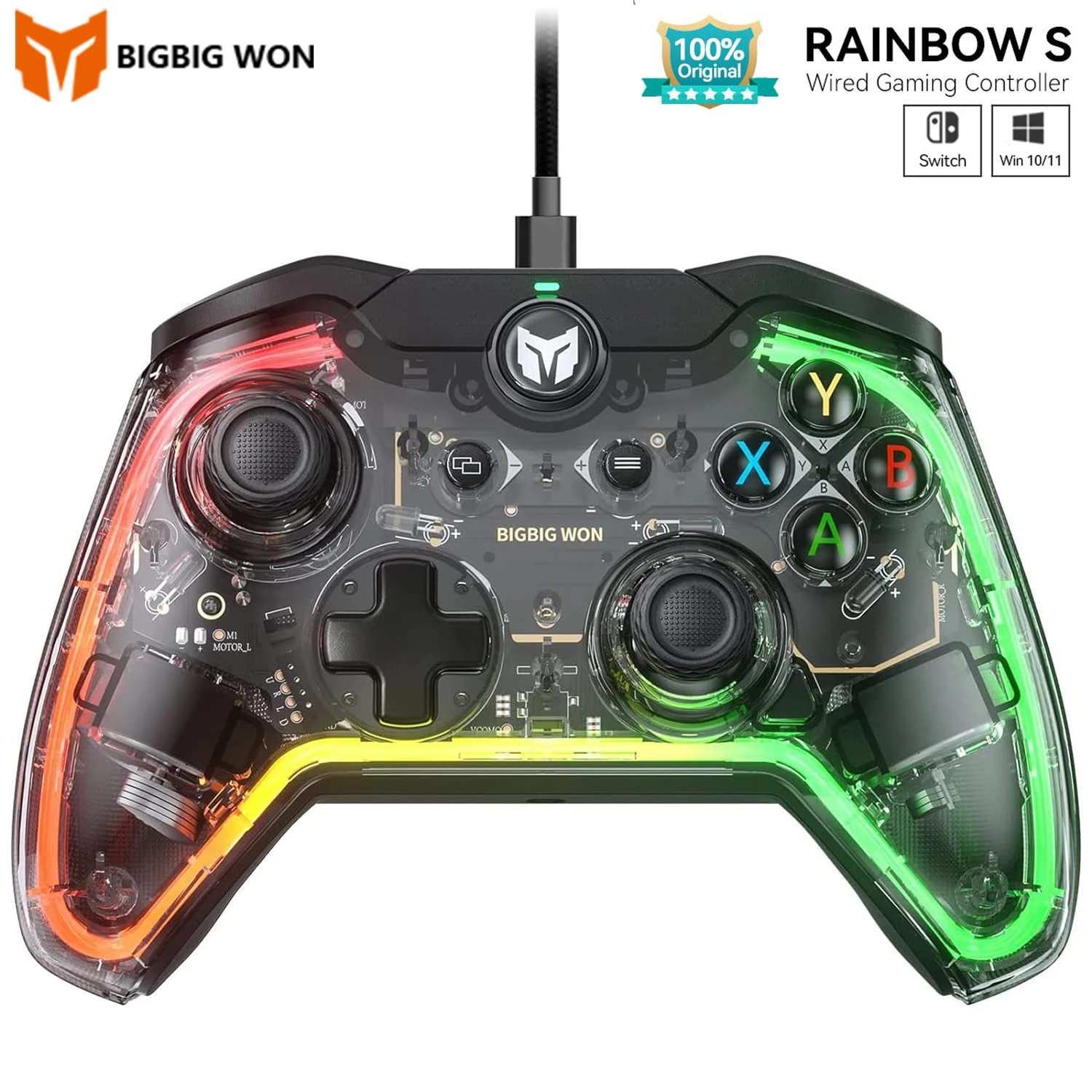 

Проводной игровой контроллер BIGBIG WON Rainbow C1 S, 6-осевой гироскоп с RGB подсветкой для ПК/Win10, 11, PS4 через геймпад R90