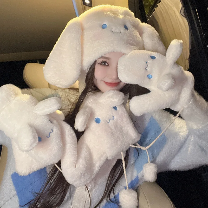 Sanrios Cinnamoroll Gloves Hat Scarf Three-Piece Set Autumn Winter Thickened Warm Girls Plush Hat Student Kawaii Festival Gift