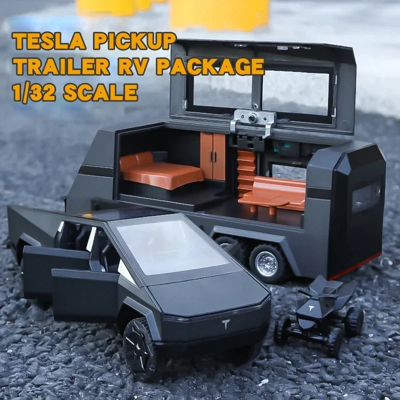 1:32 Tesla Cybertruck Pickup Trailer Alloy Car Model Diecast Metal Toy Off-road car Truck Model Sound & Light Kids Gift