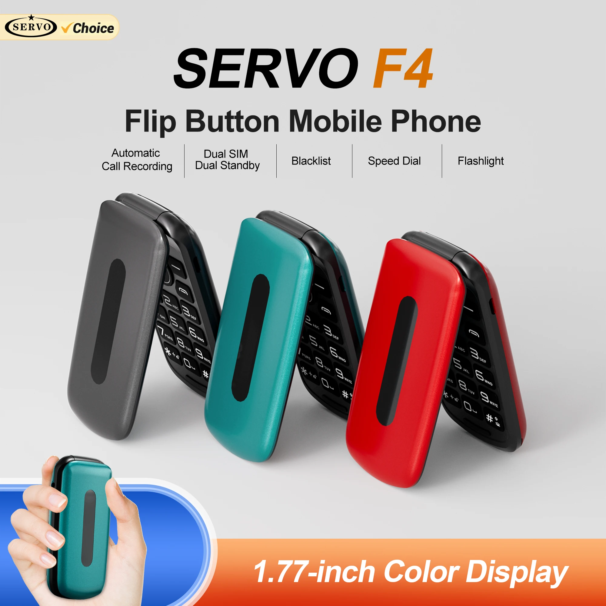 SERVO F4 Foldable Mobile Phone 2 SIM Standby Call Recording Speed Dial Blacklist FM Radio Rear Camera 2G Button Flip Cellphones
