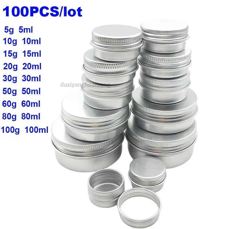 100PCS Aluminum Tin Jars 5g 10g 15g 20g 30g 50g 60g 100g Metal Empty Cosmetic Face Care Eye Cream Lip Balm Gloss Packaging