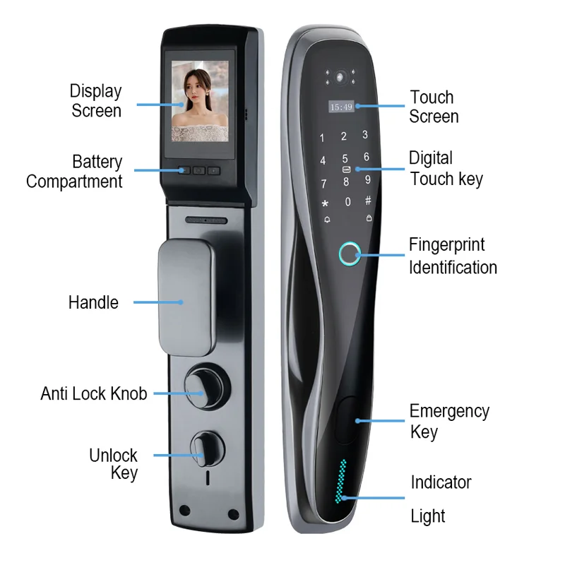 Tuya monitor cylinder lock alarma cerradura inteligente 3D facial touch sliding door access lock with CAMERA