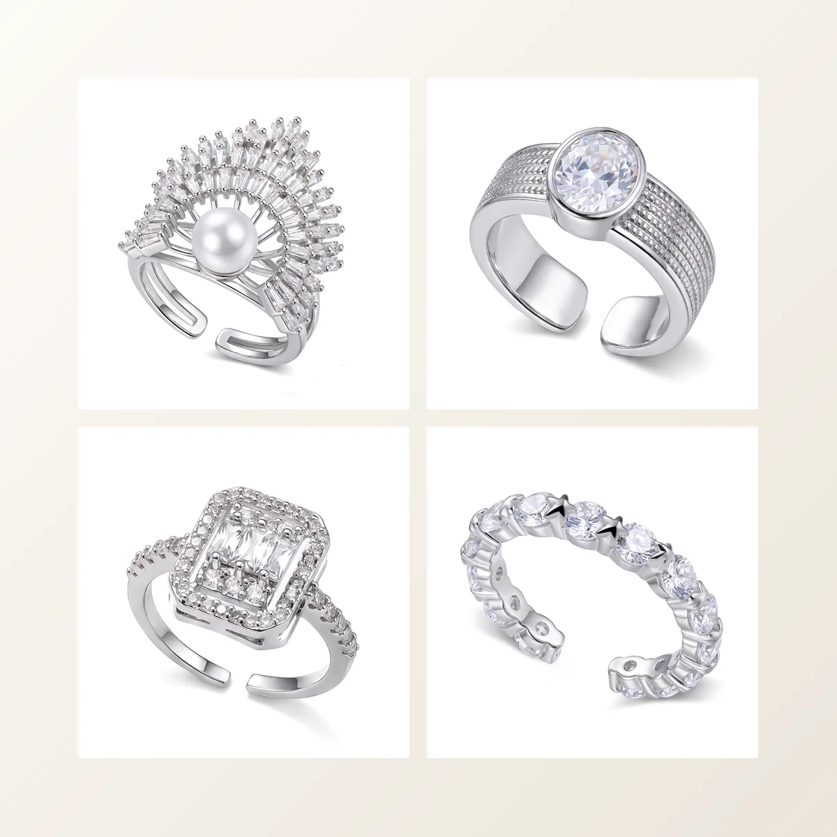 Elegant Silver Geometric Ring Set for Women Imitation Pearl Cubic Zirconia Open Adjustable Copper Rings Minimalist Jewelry Gift