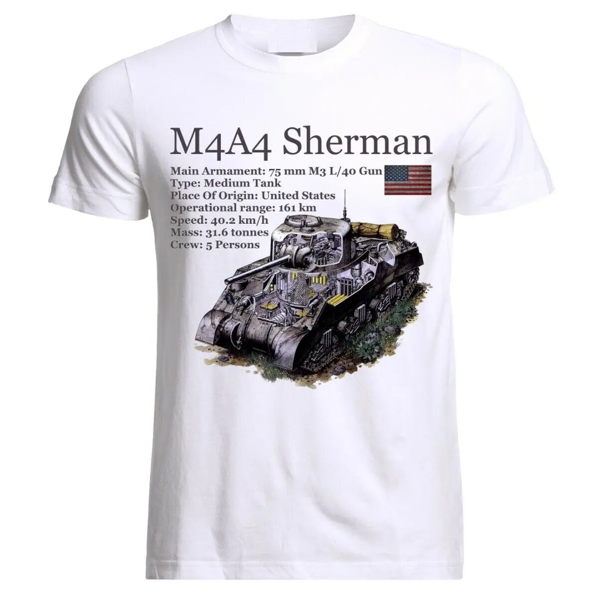 

M4A4 Sherman Tank Panzer Armure WW2 Army War USA T-Shirt Men's 100% Cotton Casual T-shirts Loose Top New