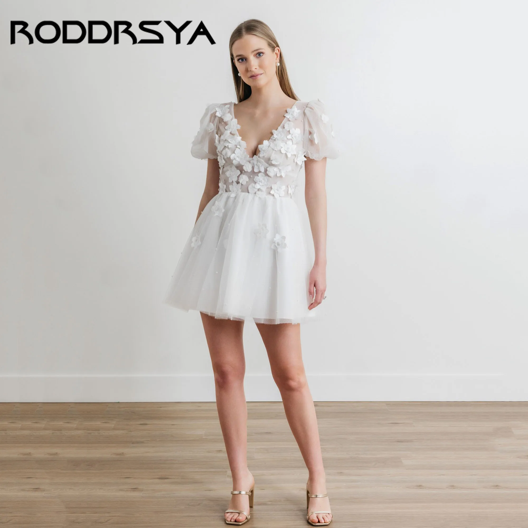 

RODDRSYA Short V-Neck Party Dress A-Line Short Sleeve Flowers Romance Wedding Gown Backless Tulle vestido de novia Customized