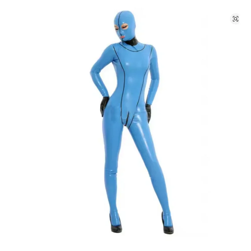 Traje de látex con capucha de goma, máscara, azul, personalizado, para mujer