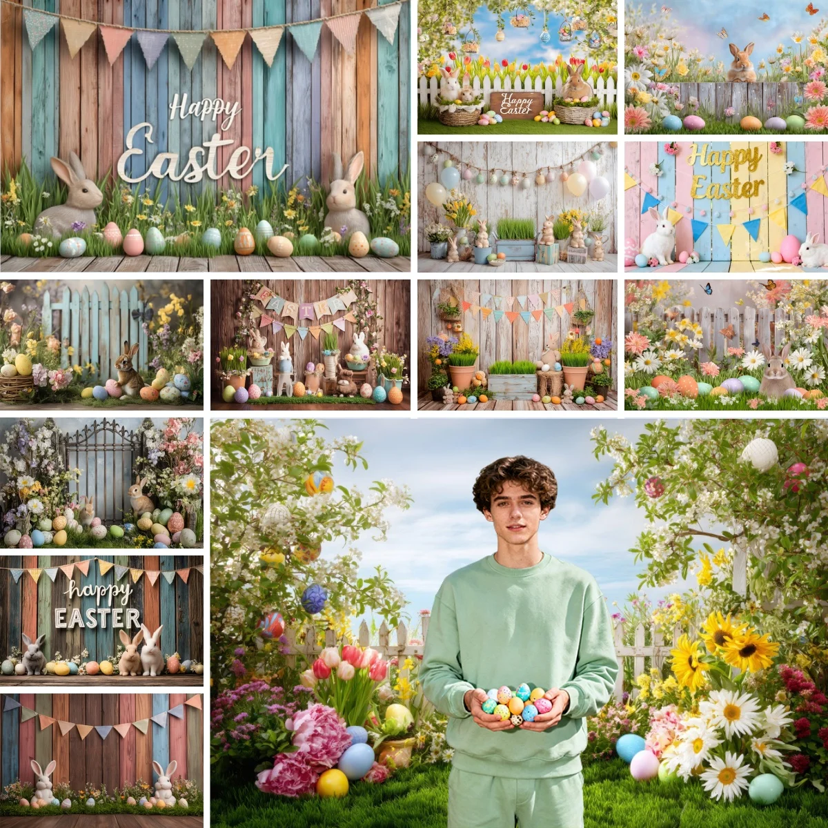 Happy Easter Photography Backdrop Spring Garden Wooden Fence Rabbit Eggs Flowers Kids Adults Easter Party Decor Photo Background