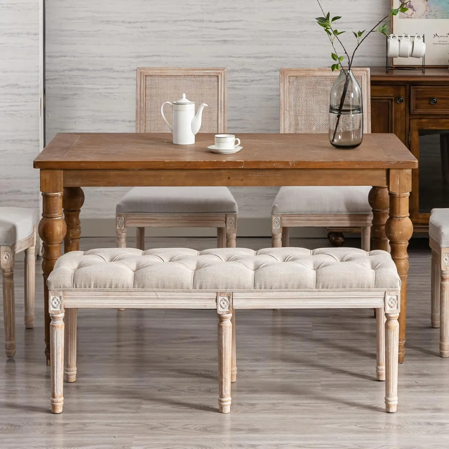 Banco de comedor tapizado en tela - Banco otomano de entrada clásico Banco de dormitorio con patas de madera rústica - Beige