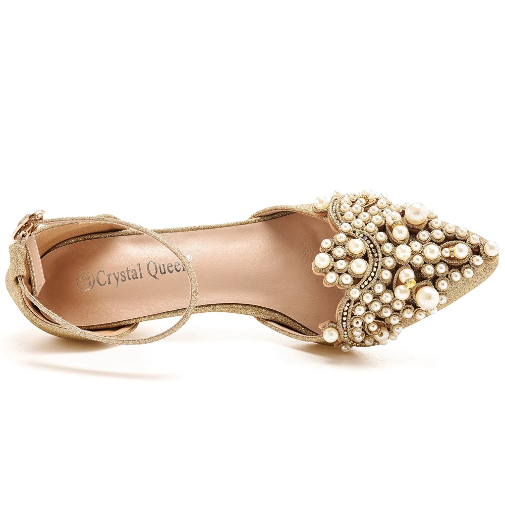 Crystal Queen Sexy Women Sandals 7cm tacchi alti Beige Pearl scarpe da sposa Bridal Glitter Fetish Stiletto Gold Pumps