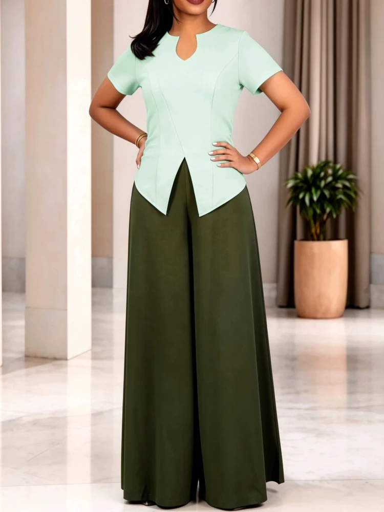 Ladies Ladies Formal 2 Piece Pant Set Short Sleeve Notch Neck Front Split Top Army Green High Waist Wide Leg Trousers Daily Business - Aliexpress Deal