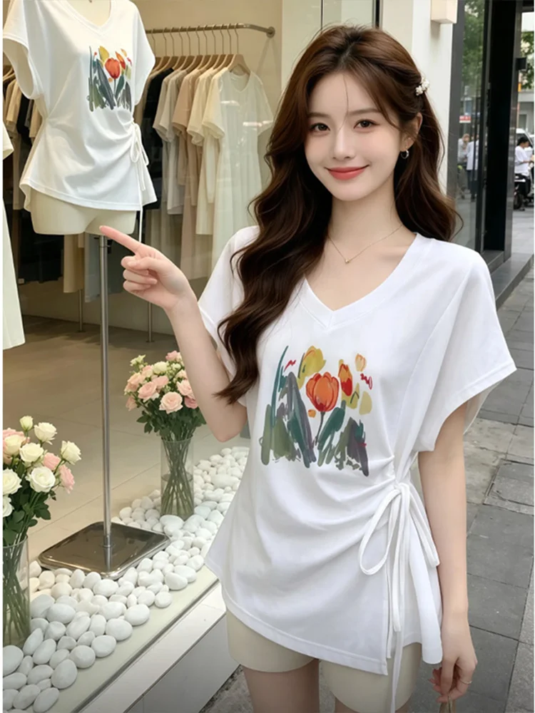

Slimming Short Sleeve T-Shirt Women's V-neck Floral Print High Waist Casual Style Summer New Fashion Top Breathable Comfortable