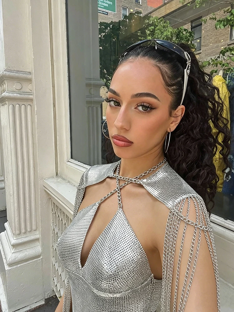 Silver Rhinestone Fishnet Camisole with Tassel Shoulder Chain Women Sexy Clubwear for Festival Party Stage Costume Y2K Fashion