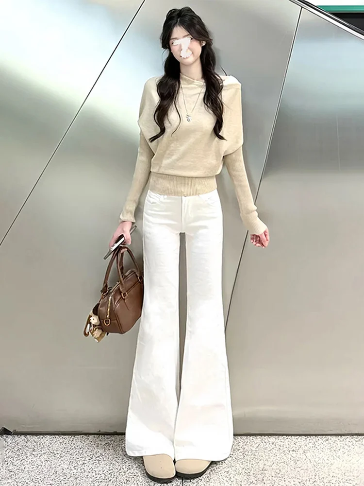 White Non-Fitting Micro Flare Jeans Women's Spring Summer Autumn Low Waist Elastic  Hoof Bell Bottoms Commute Style
