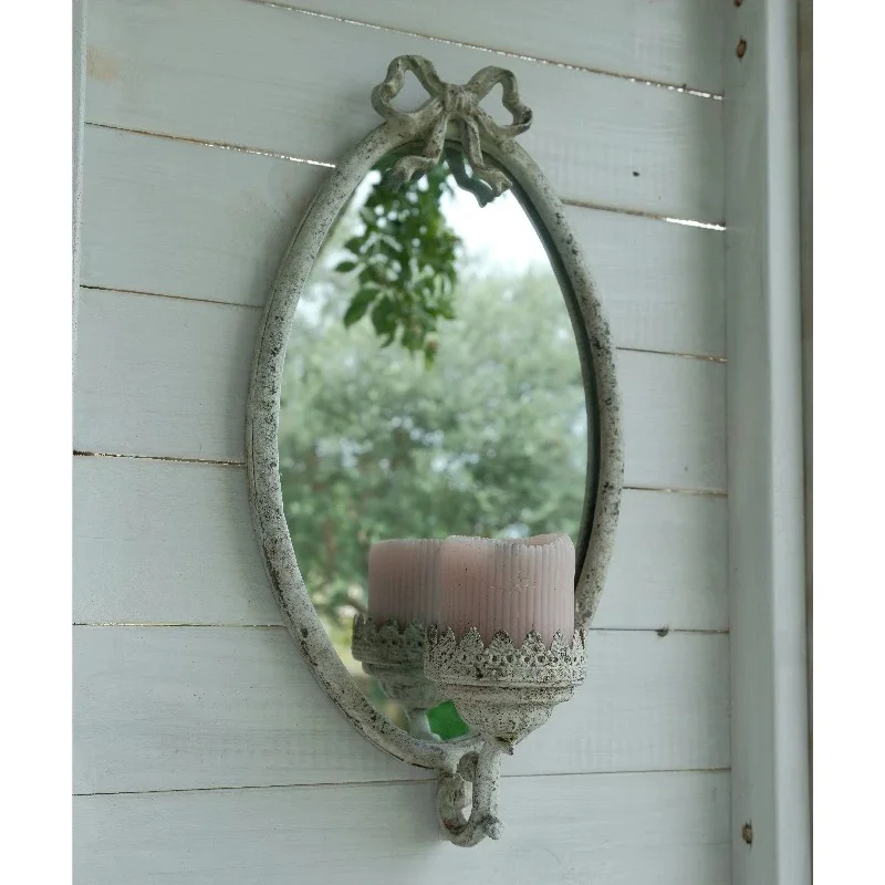 

Vintage Cast Iron Wall Mirror with Candle Holder, Distressed White, Oval Frame, French Country Style, 16.7x8.7 Inch