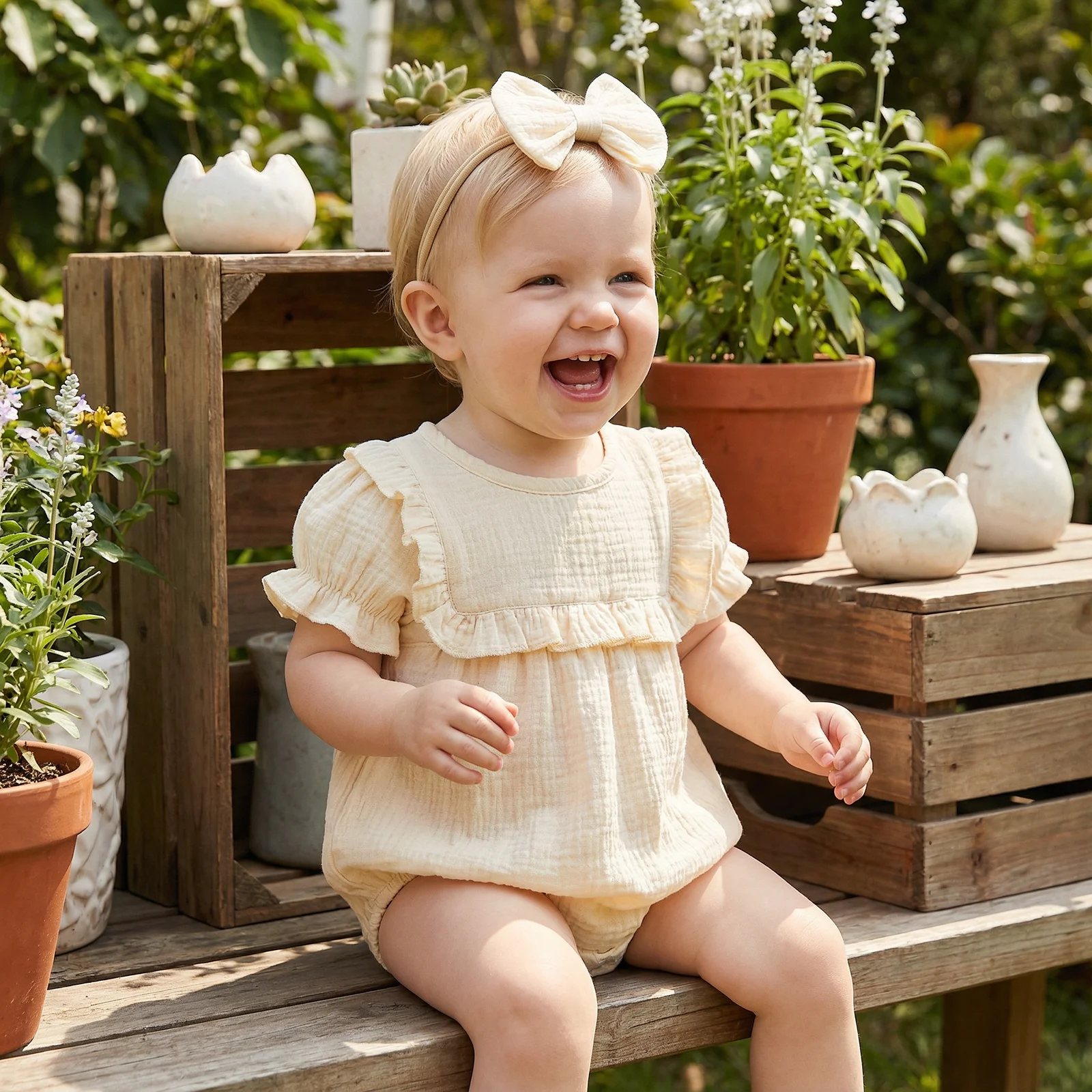 Sweet Newborn Baby Girls Summer Casual Rompers Solid Color Cotton Linen Ruffles Short Sleeve O-neck Jumpsuits Headband Outfits