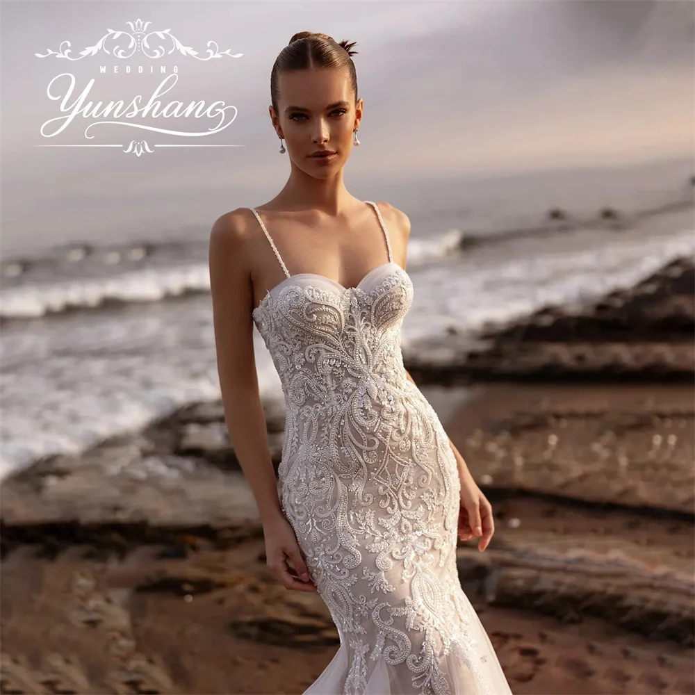 YunShang Maßgeschneidertes herzförmiges Spaghettiträger-Meerjungfrau-Hochzeitskleid, rückenfrei, Spitze, Stickerei, Applikationen, Tüll, Pailletten, Luxus
