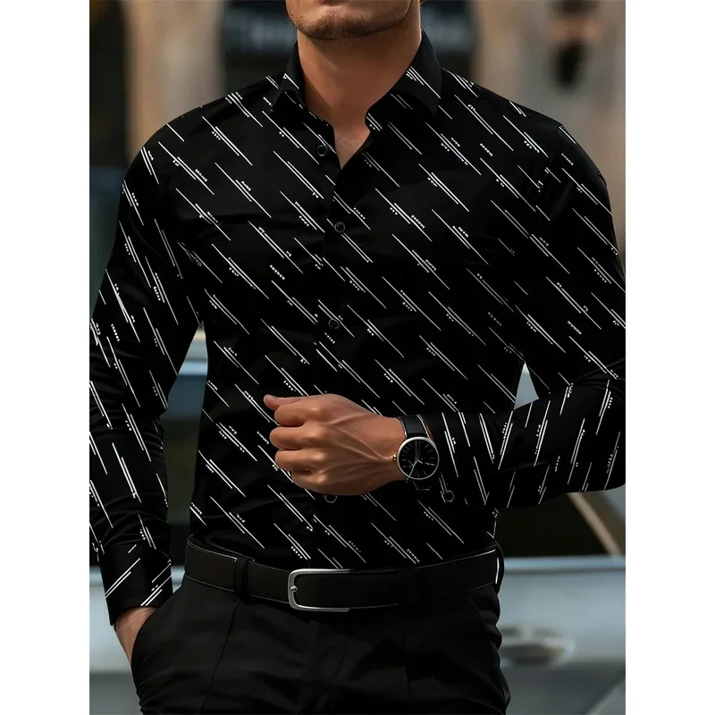 Men's shirt fashion geometric line print long sleeve shirt business office casual slim versatile daily outdoor commuting top