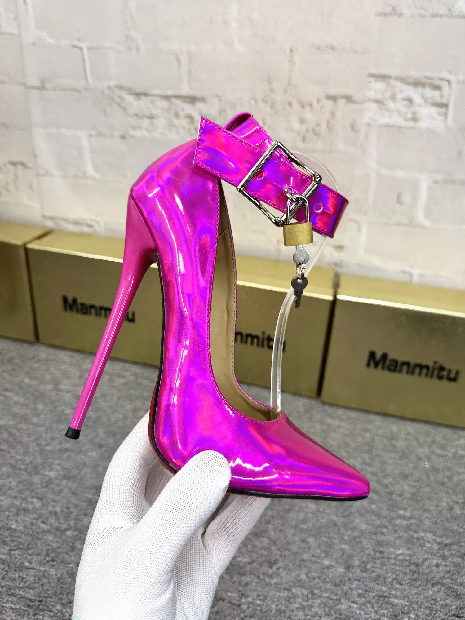 2026 Spring New 12cm Stiletto High Heel Square Buckle with Lock Laser Surface Shallow Mouth Ladies' Shoes Large Size Shoes