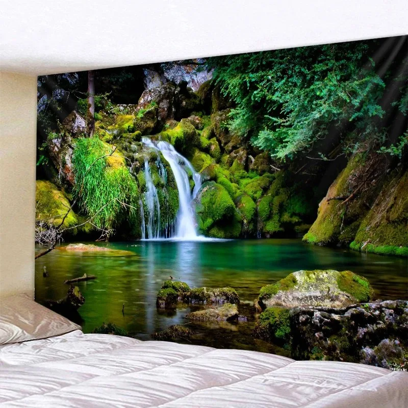 VIKAMA üppiger grüner Wasserfall-Natur-Wandteppich, Wald, Bach, Landschaft, Wandbehang, beruhigende Dekoration für Schlafzimmer, Wohnzimmer, Heimdekoration