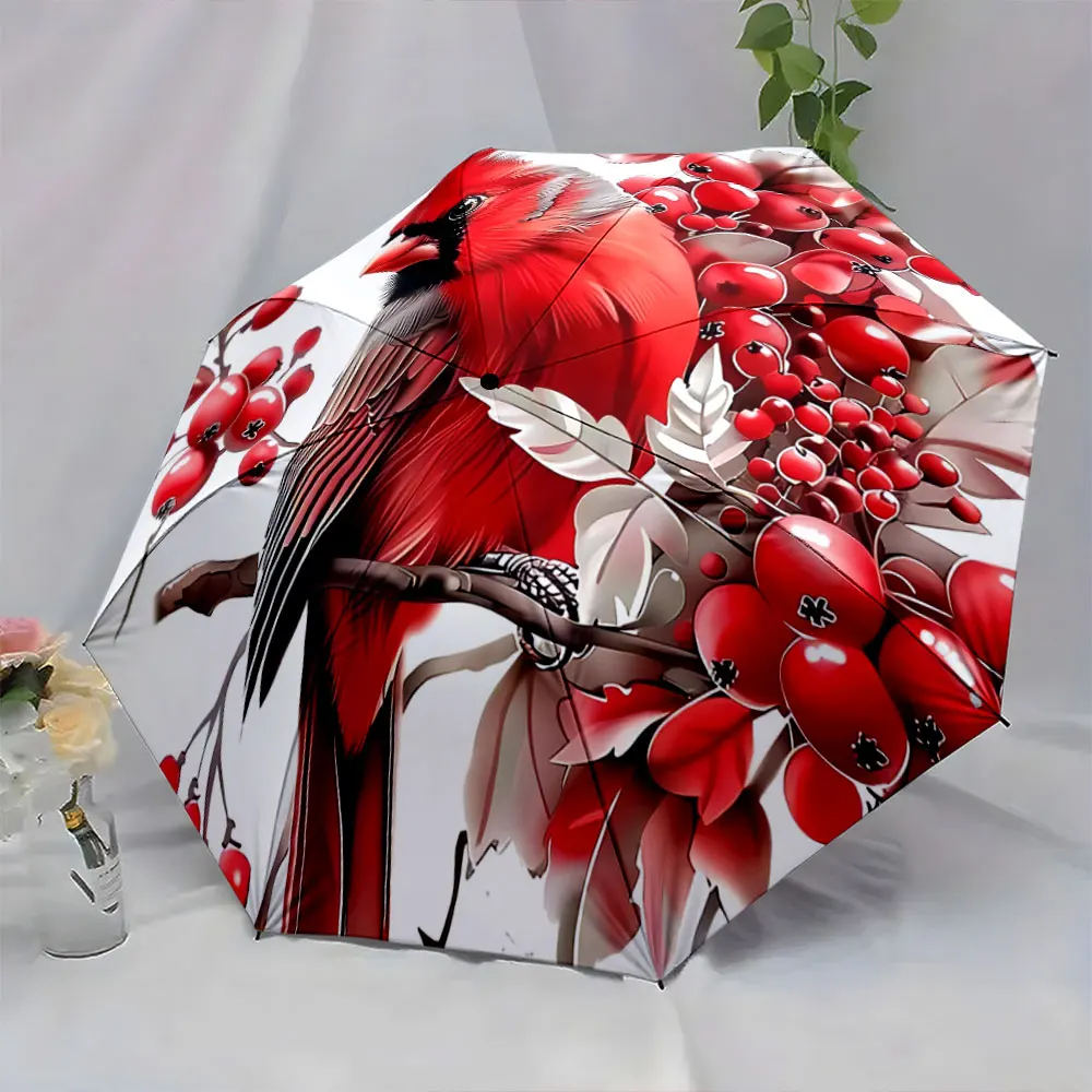 Red Cardinal Bird with Berries Umbrella Design Compact Fashion Folding Umbrella for Daily Use, Christmas Gift
