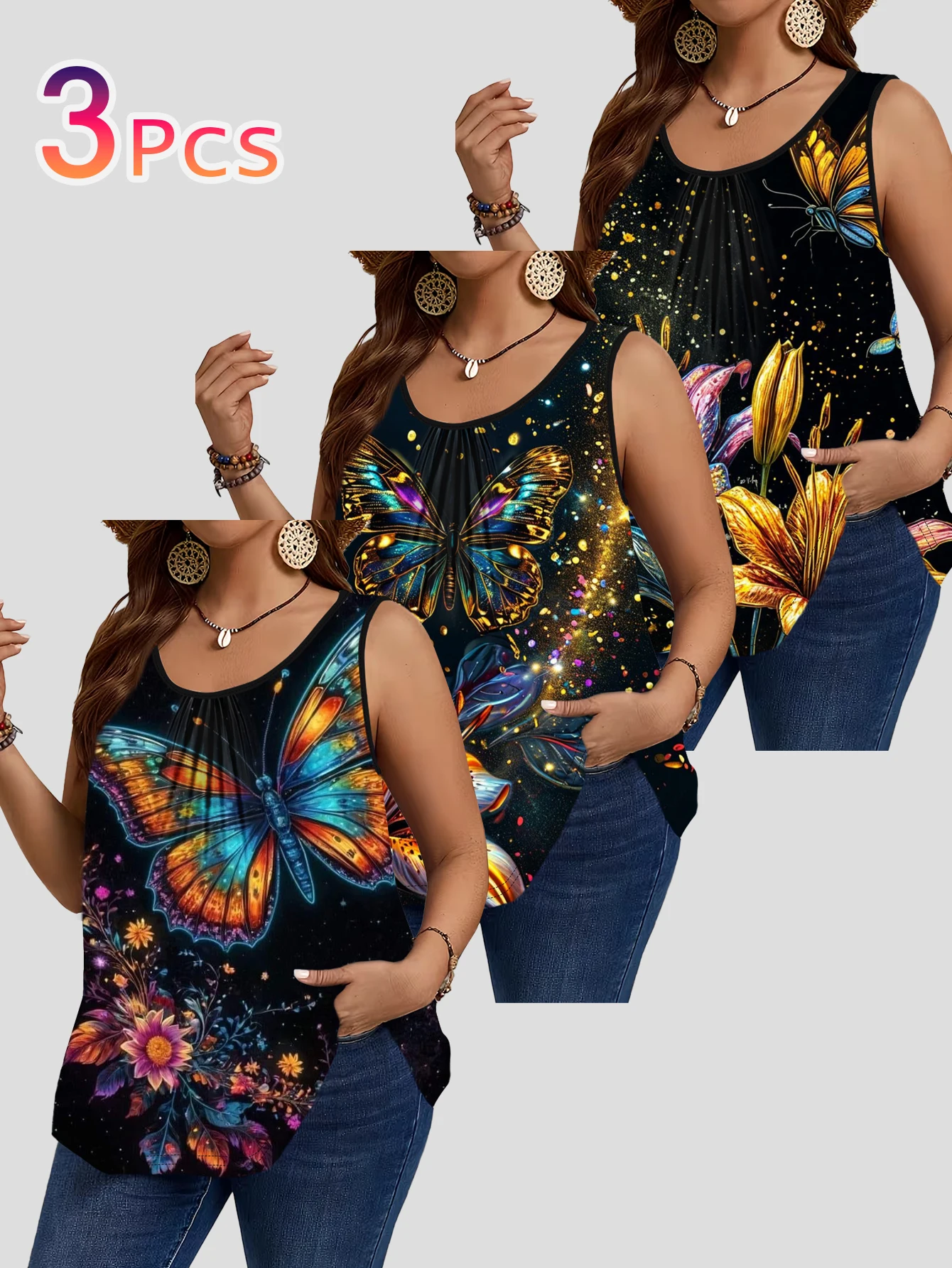3-Piece Set of Black and Gold Glitter Butterfly Lily Print Sleeveless Vest for Women, Plus Size Round Neck Pleated Loose Outerwear Long Top