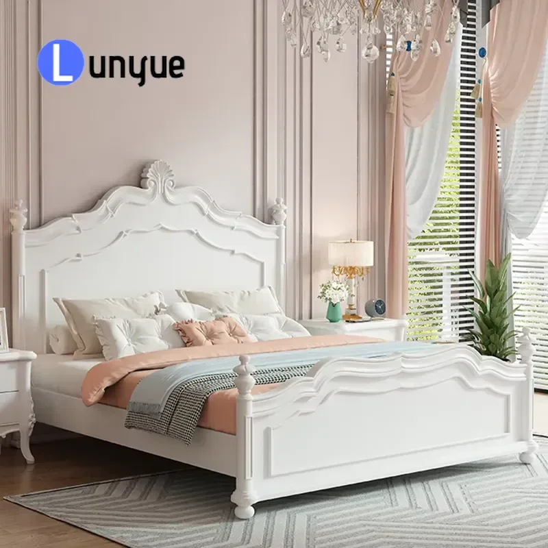 American Style All Solid Wood Double Bed French Simple Design White Black Bedroom Furniture Hotel Use Sturdy Durable
