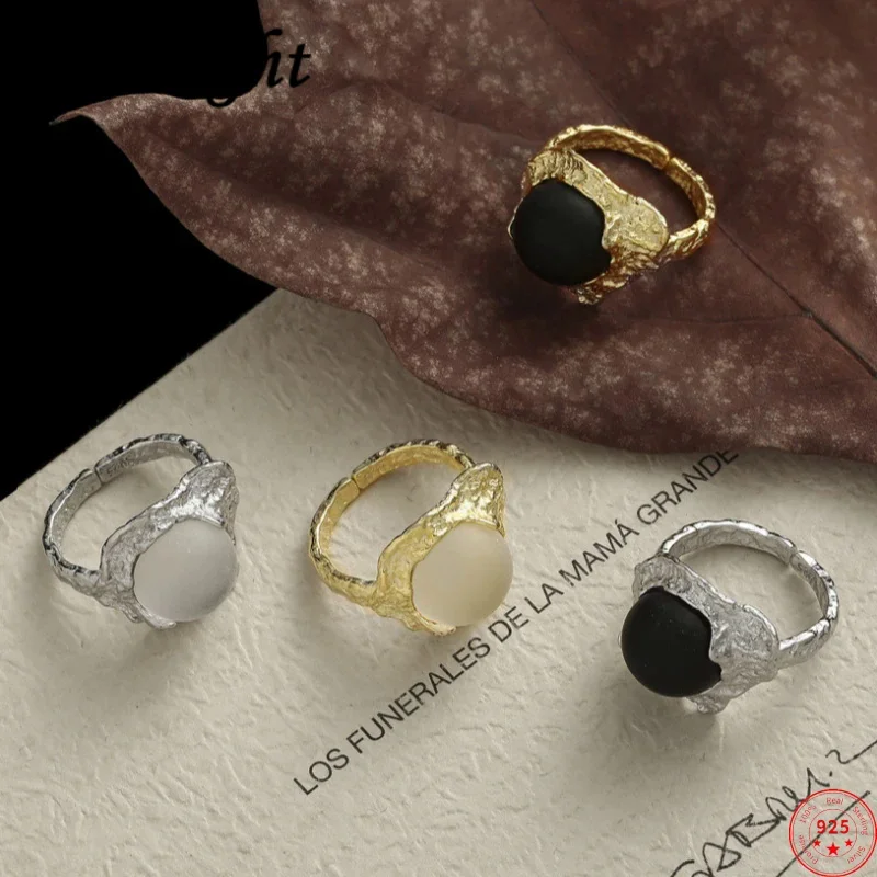 

S925 sterling silver rings for women men new fashion gold plated Lava texture pattern agate Crystal punk jewelry free shipping