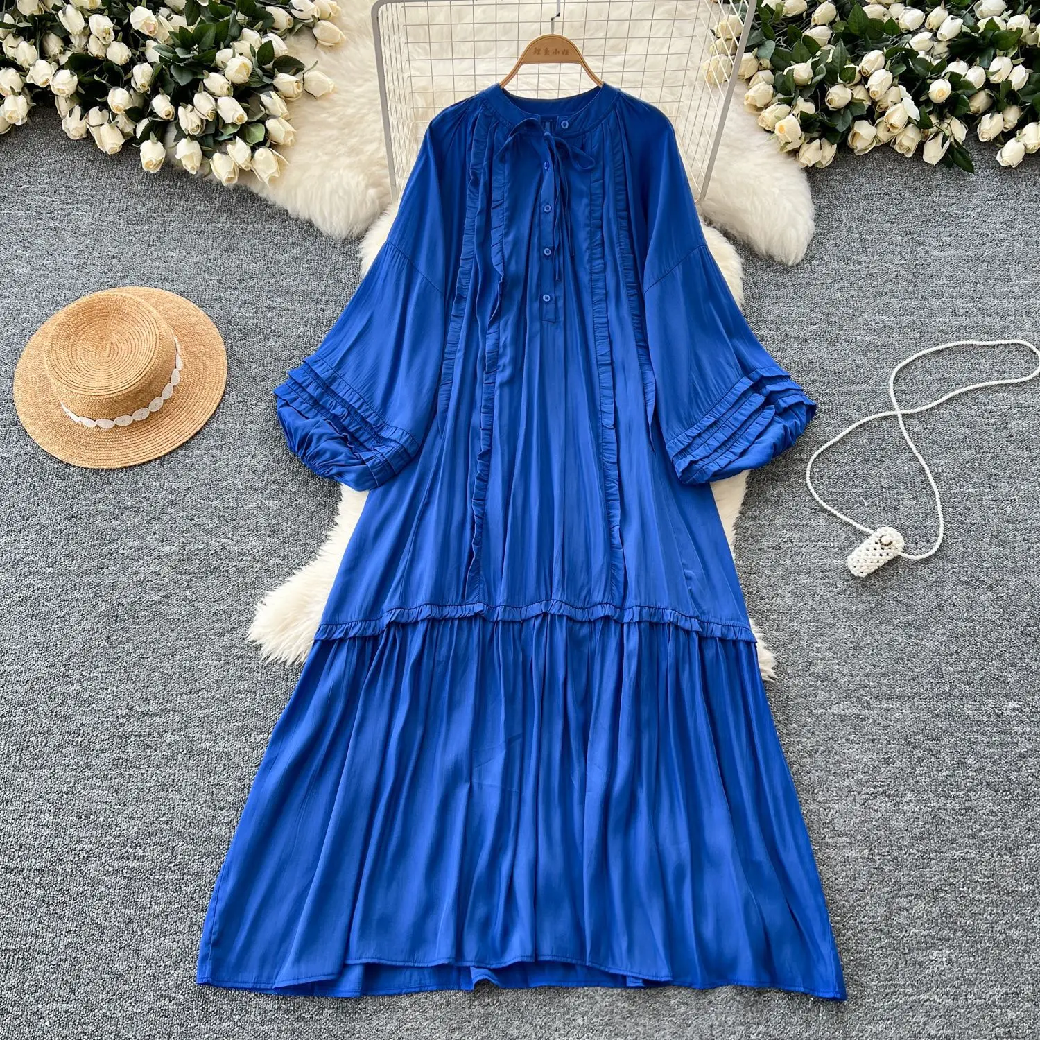 

Round Neck Lace Up Button Casual Spliced Lady Ruffles Summer Women Dress Lantern Sleeve Loose Folds Long Dresses