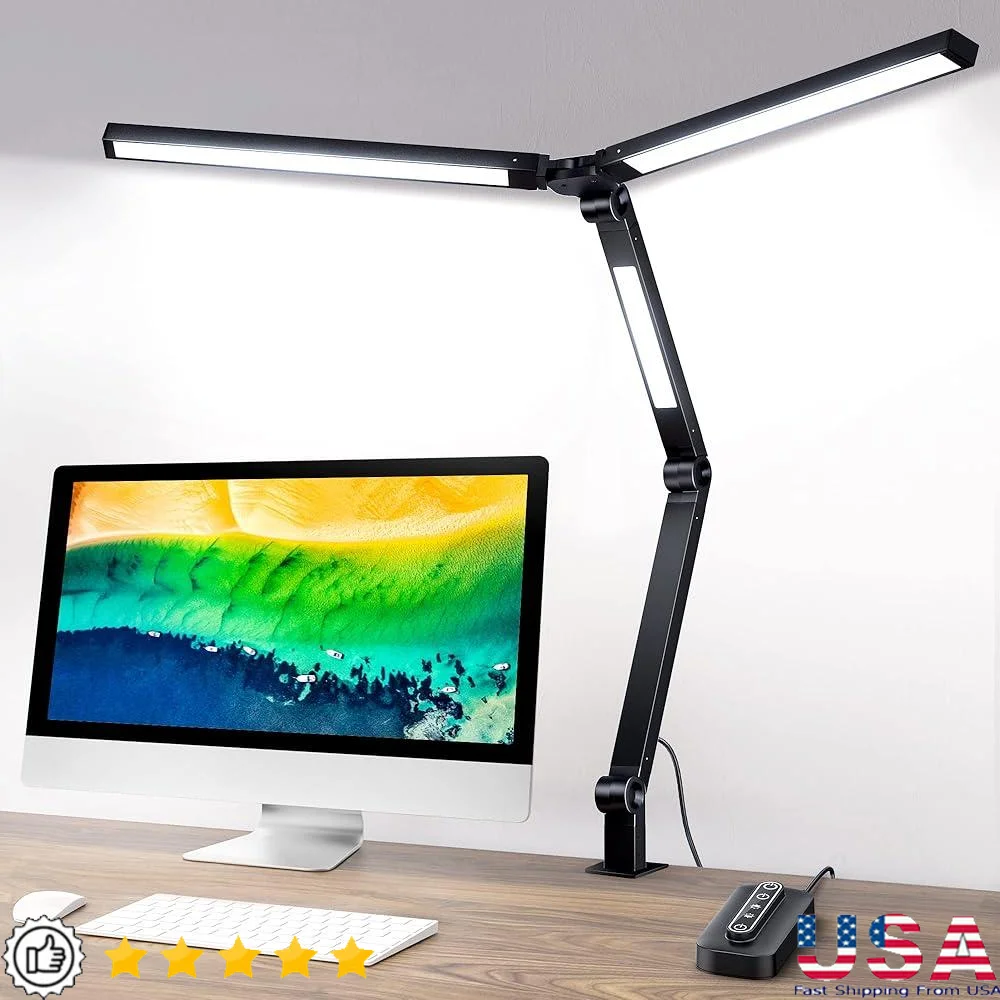 LED Desk Lamp with Clamp 20W Eye-Caring 3 Light Sources Flexible Swing Arm 4 Color Modes USB Charging Timer Home Office