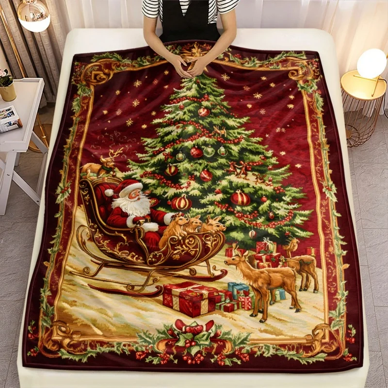 Colorful Lights Christmas Tree Throw Blanket, Soft Warm Sofa Bed Cover, Gift Box Holiday Home Decoration