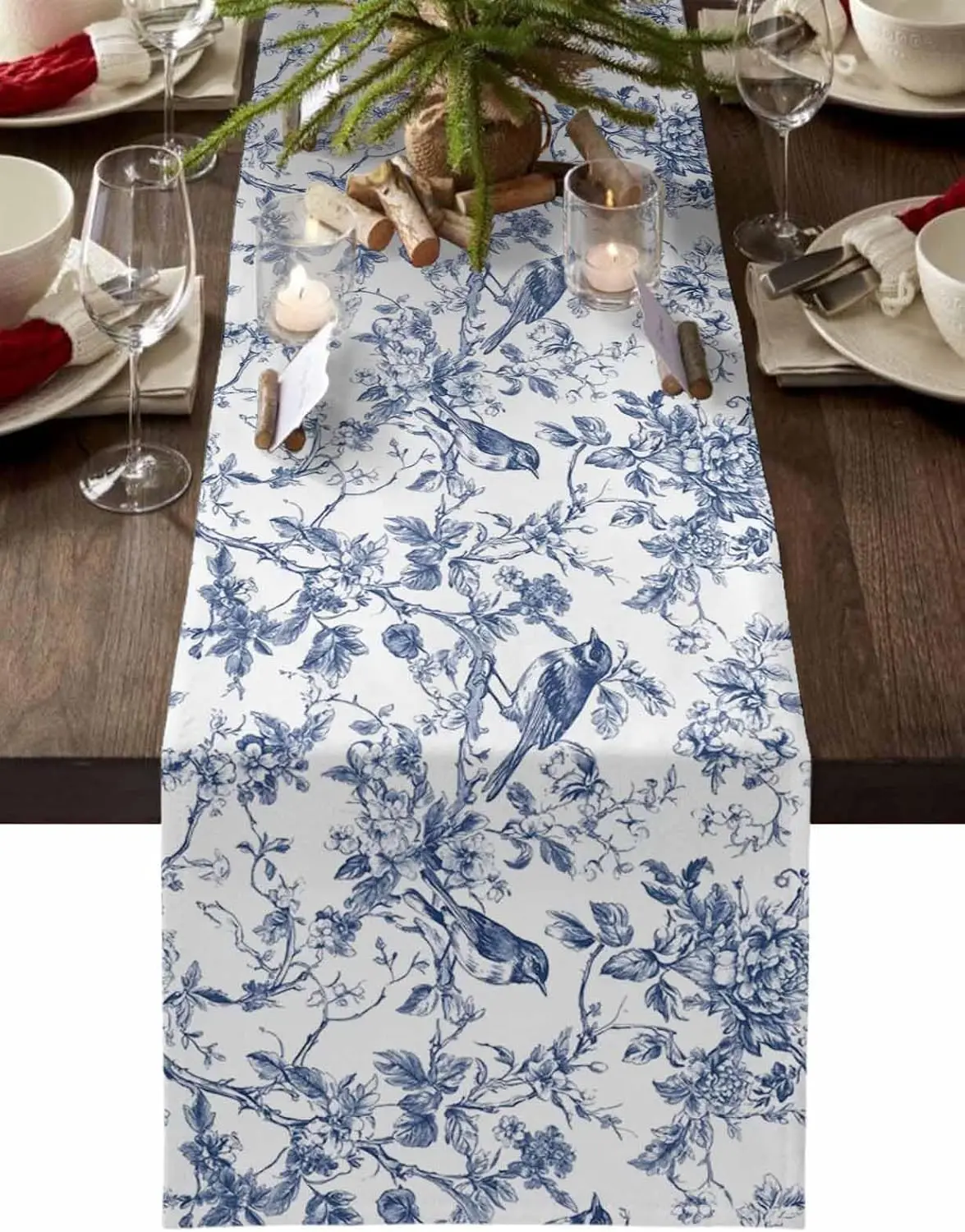 Blue Tree Branch Bird Flower Table Runner Dresser Scarf Decor Farmhouse Table Runner Table Runner Holiday Party Decor