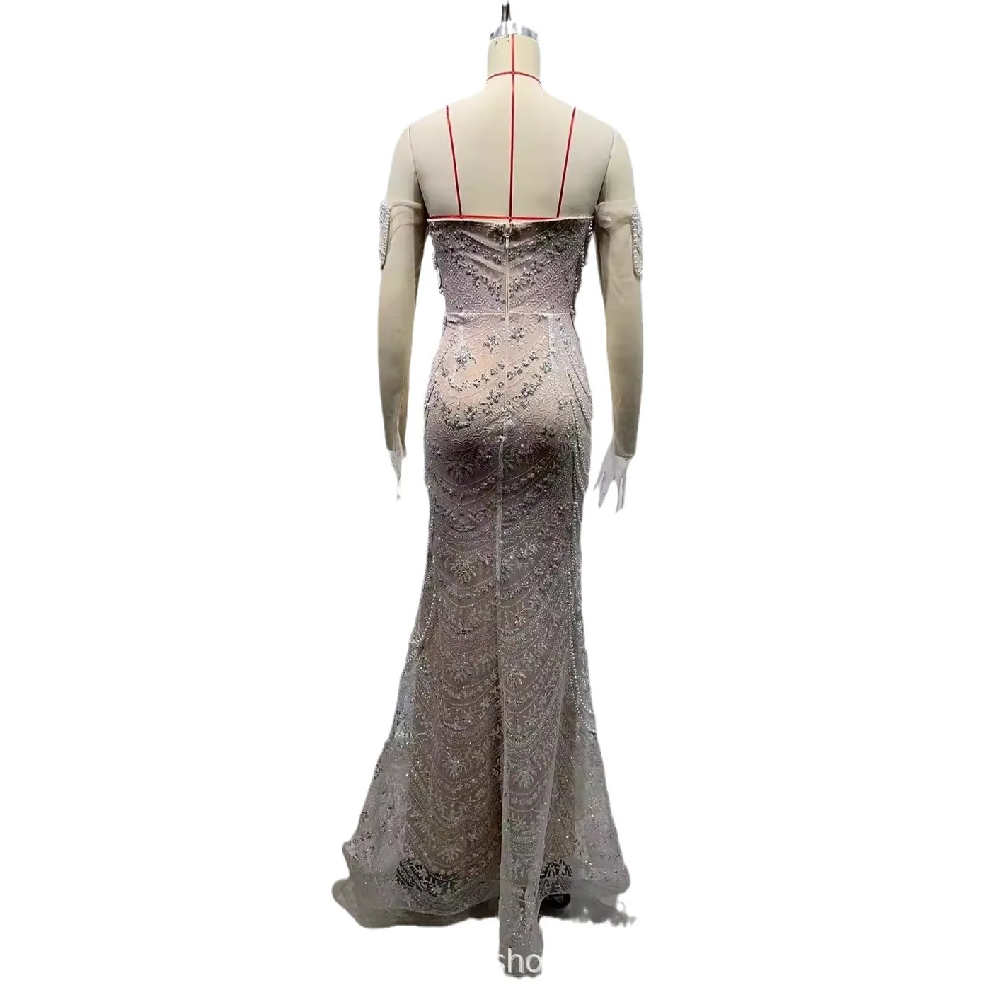 ชุดสตรีสีขาว SHEER ถุงมือหรูหรา Pearl Rhinestone ชุดราตรี Haute Couture งานแต่งงานชุดราตรีชุดราตรี
