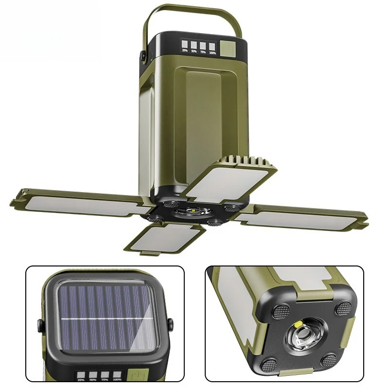 Multifunctional outdoor foldable camping lights with solar or stand-mounted four-blade folding camping lights