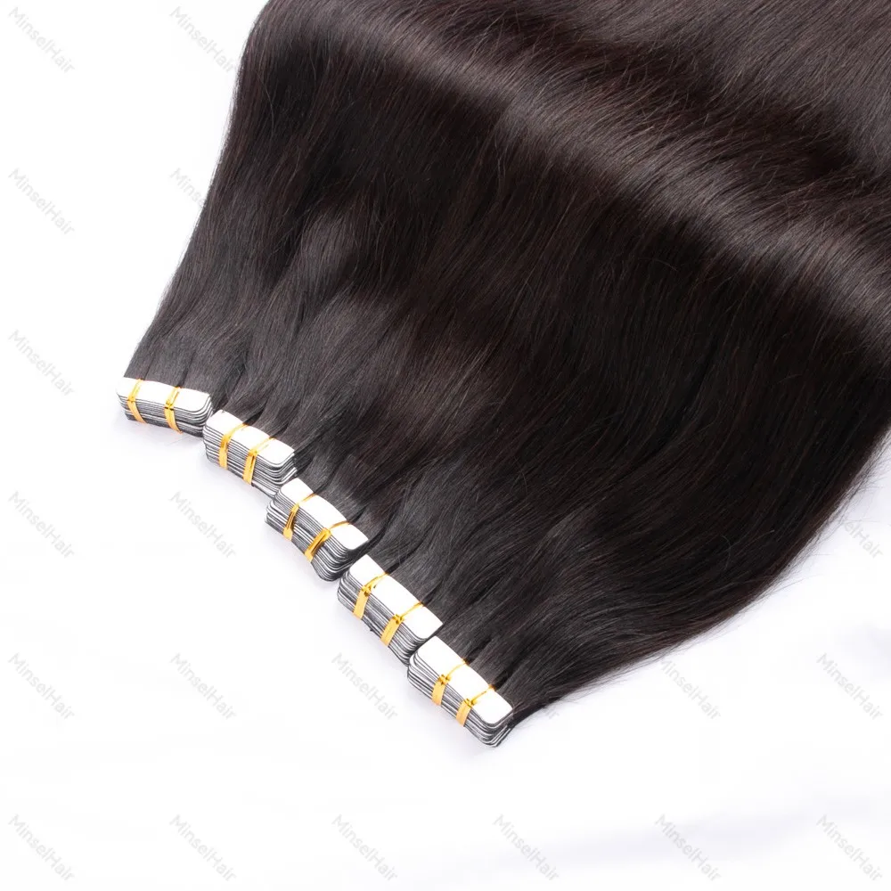 شريط ريمي في وصلات الشعر شعر بشري حريري مستقيم 20 قطعة 50 جرام 16-24 بوصة يمكن صبغه وتبييضها # 27 غراء لاصق قوي