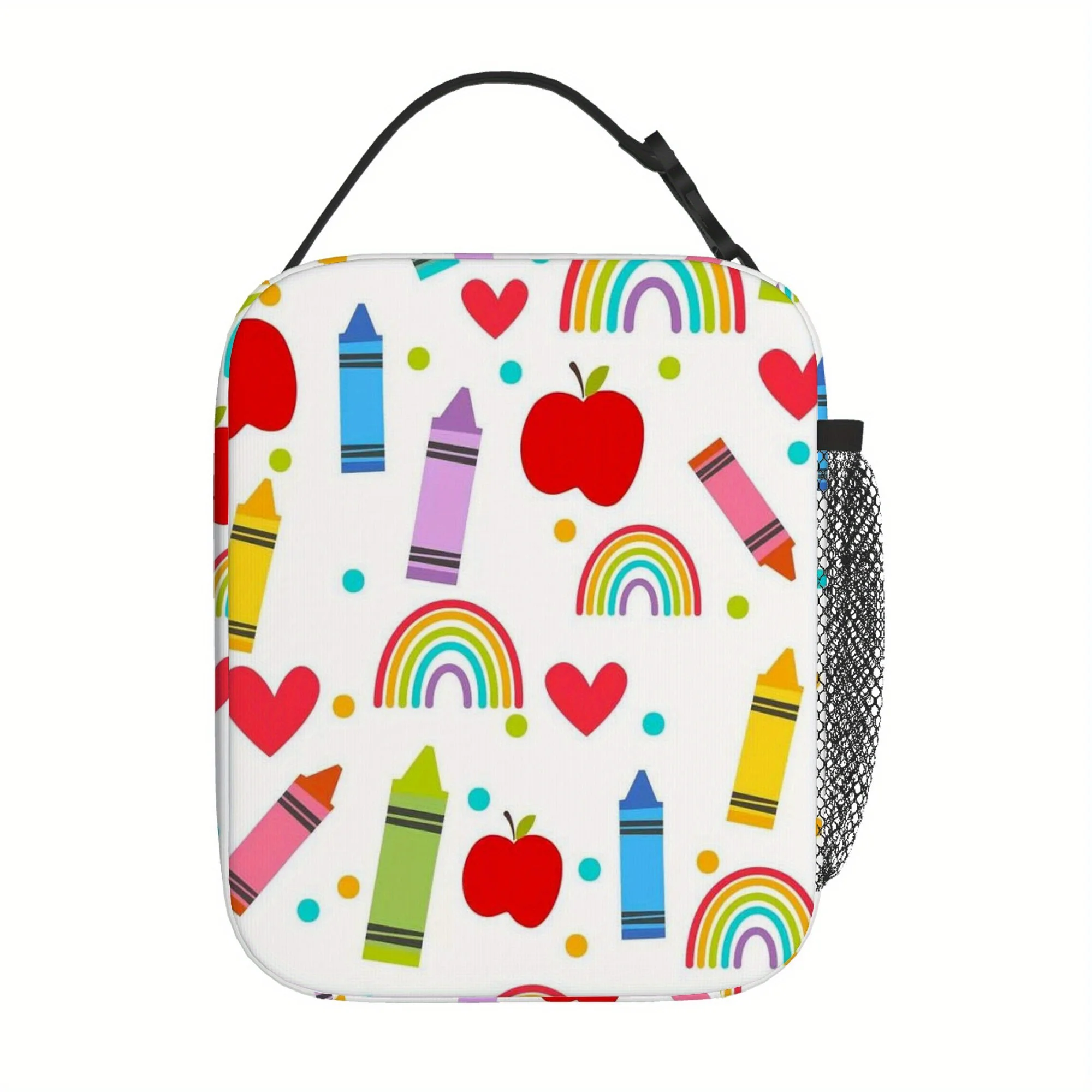 Rainbow Crayons Apples And Hearts Insulated Lunch Bag Portable Reusable Lunch Box Thermal Cooler Tote Bag With Pockets Gift