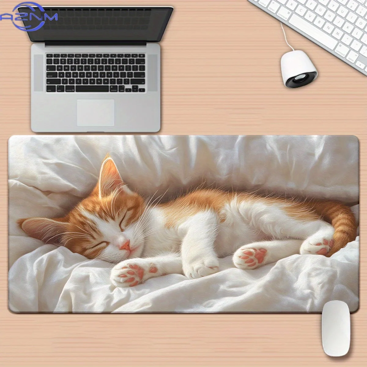 1pc XXL Sleeping Cat on Bed HD Printed Desk Mat - Non-Slip Rubber Base Gaming Mouse Pad & Keyboard Mat for PC Gamers, Office Com