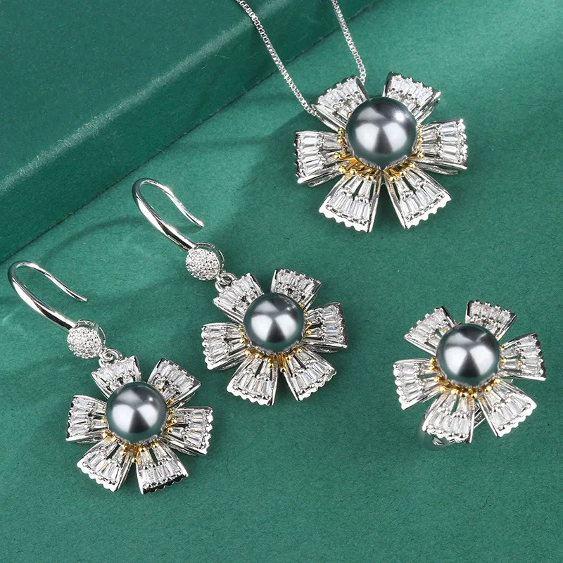 

Vintage Tahiti Pearl Flower Daisy Hook Earrings Necklace Adjustable Ring for Women Fashion Jewellery Charms Friends Gift Trendy