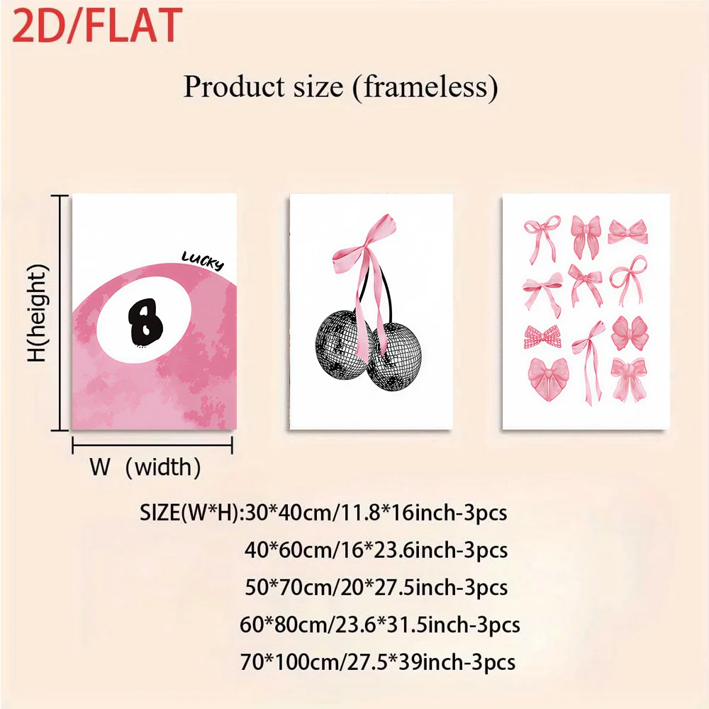 3PCS Frameless,1 Set Modern Minimalist triptych frameless Wall Art, Lucky Number 8 Bow Cherry for Living Room Bedroom Hallway Wa