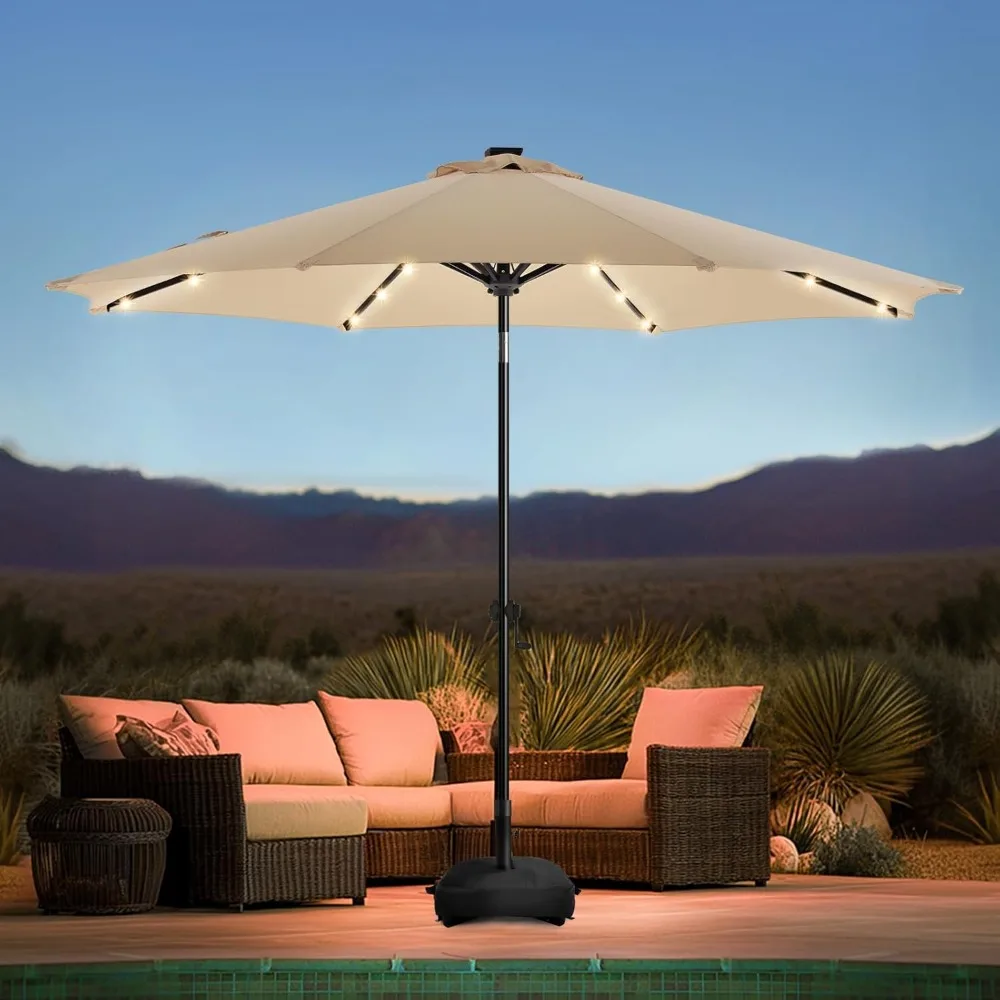 

10FT Solar Led Patio Umbrella with Base, Sturdy Outdoor Market Umbrella for Deck, Pool, Garden W/Tilt, Crank, 32 LED Lights