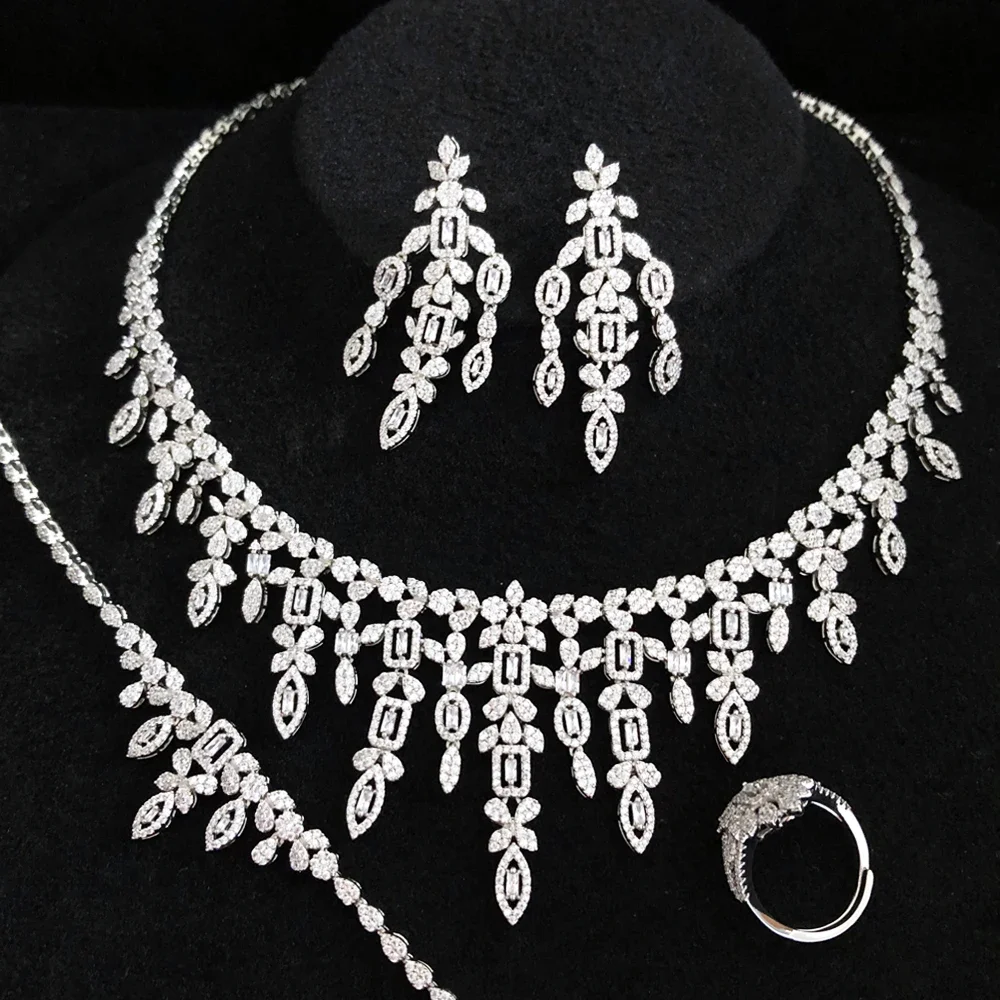 

Soramoore Luxury Gorgeous Tassel 4PCS Necklace Bracelet Earrings Ring Set For Women Wedding Party Costume Bridal Jewelry Sets