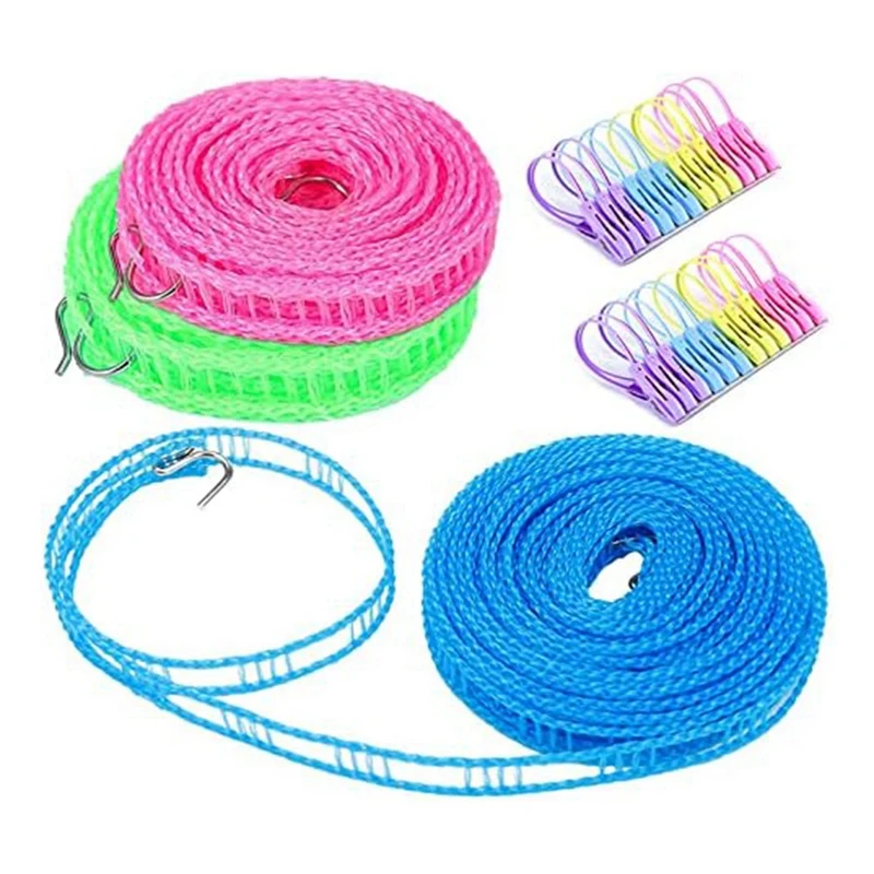 

Pack Of 3 Non-Slip Washing Line, 3 / 5 / 8 M With 24 Clothes Pegs With Hooks For Garden, Travel,Motorhome Or Caravan Spare Parts