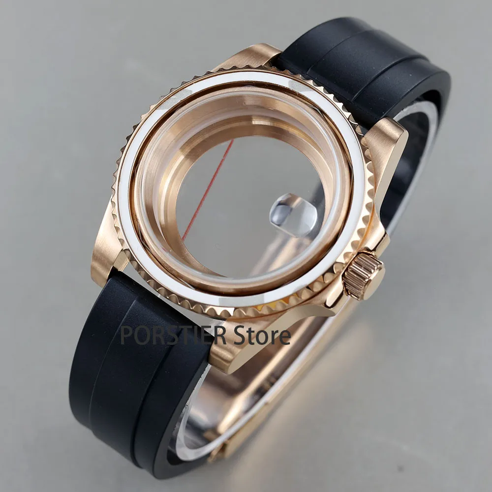 High quality 40mm Rose Gold Men Watch Cases Rubber Strap For Seiko nh34 nh35 nh36 100m waterproof 28.5mm Dial YACHT-MASTER case