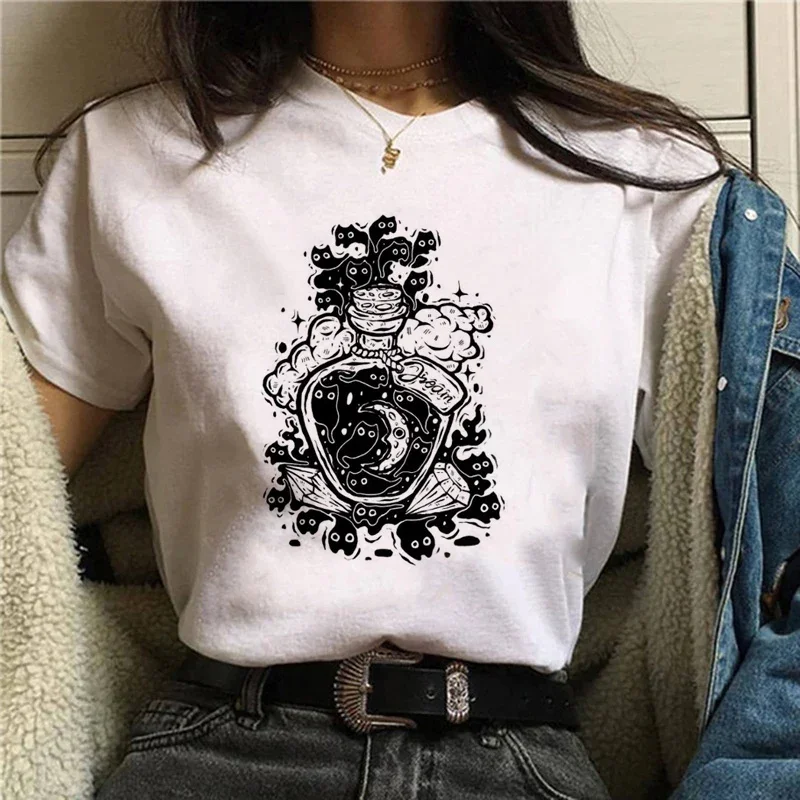

Kawaii Magic Cat Print O-neck Short-Sleeved T-shirt Women Ins Fashion Trend Couple Versatile Loose Y2k Top Women T-shirt