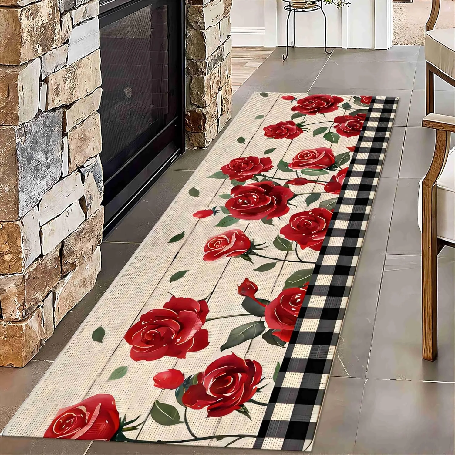 Red Roses Runner Rug for Hallway, Happy Valentine's Day Floor Mat, Vintage Runner Rug Non-Slip Floor Carpet for Doorway Entrance