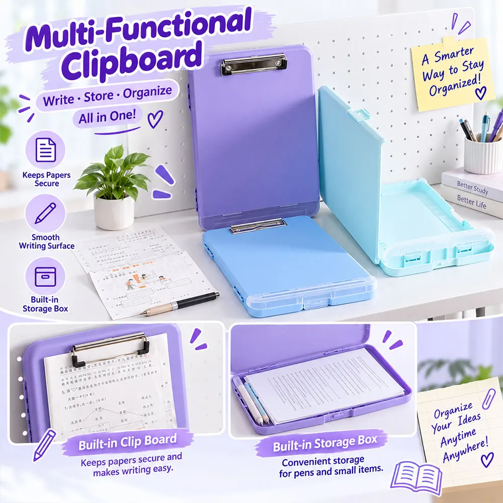 1pc Multifunctional Clipboard Storage Box with Metal Clip, Pen Slot and Large Document Compartment for School Office Study